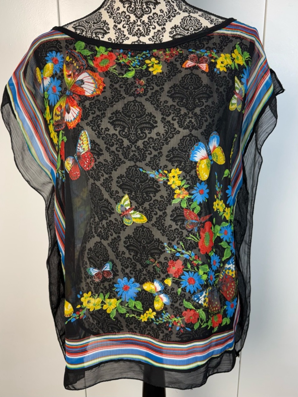 Poetry Black Sheer Butterfly & Floral Blouse with Multicolor Border